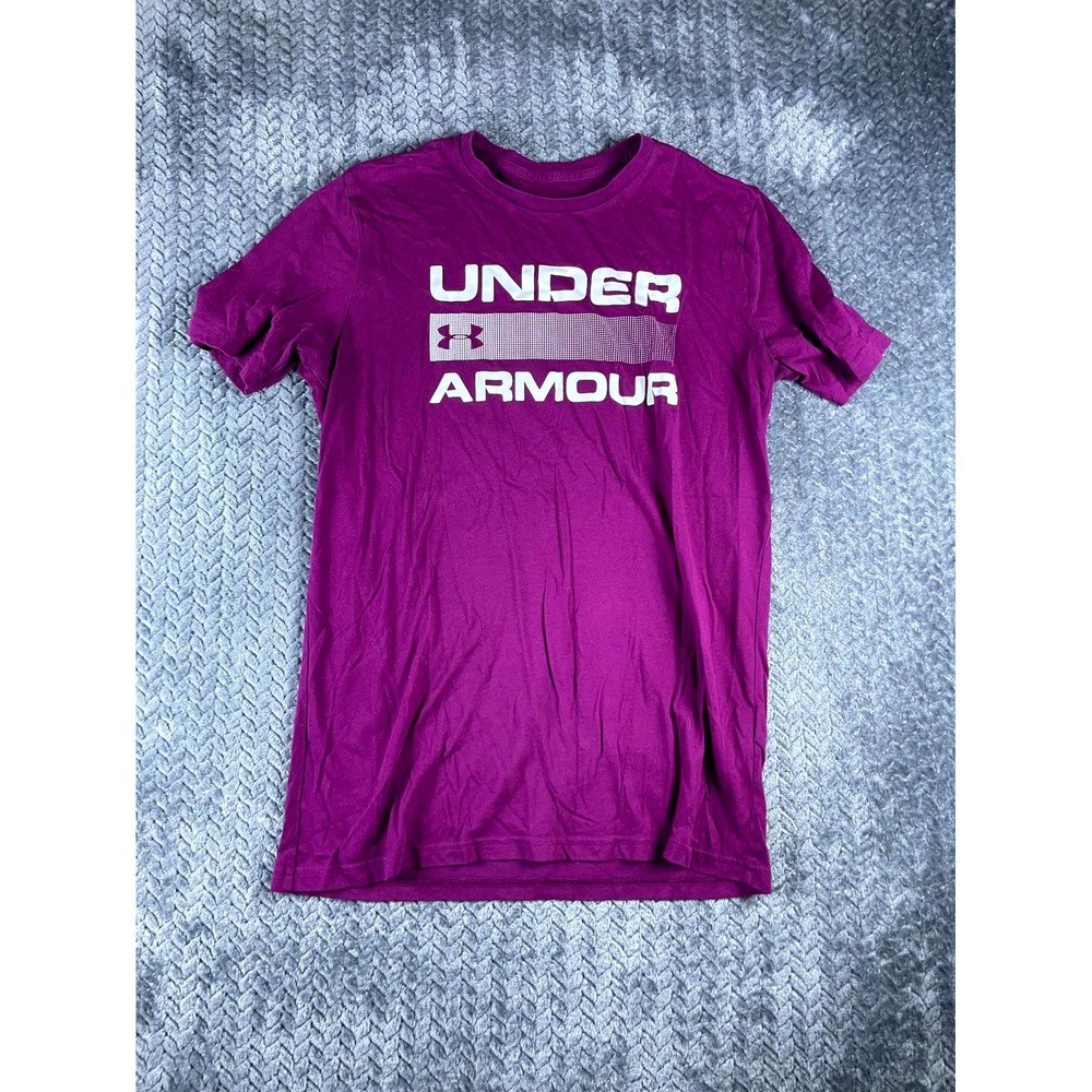 Under Armour T Shirt Mens Small Purple Graphic Print Loose HeatGear Crew Neck